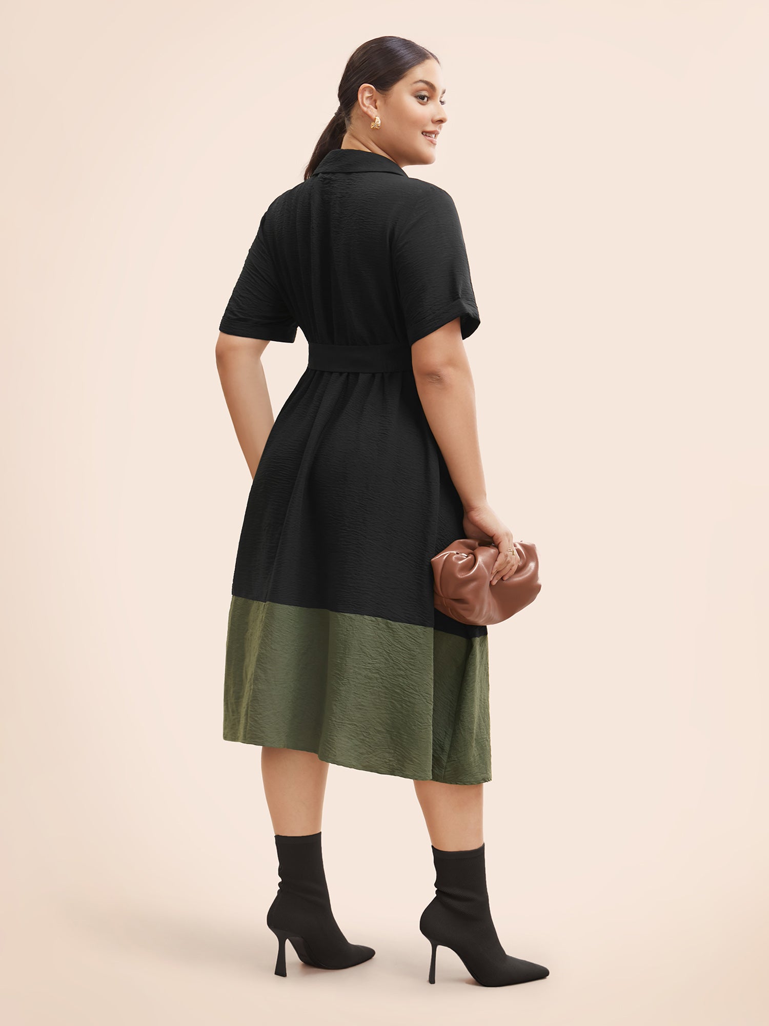 Shirt Collar Contrast Patchwork Belted Midi Dress