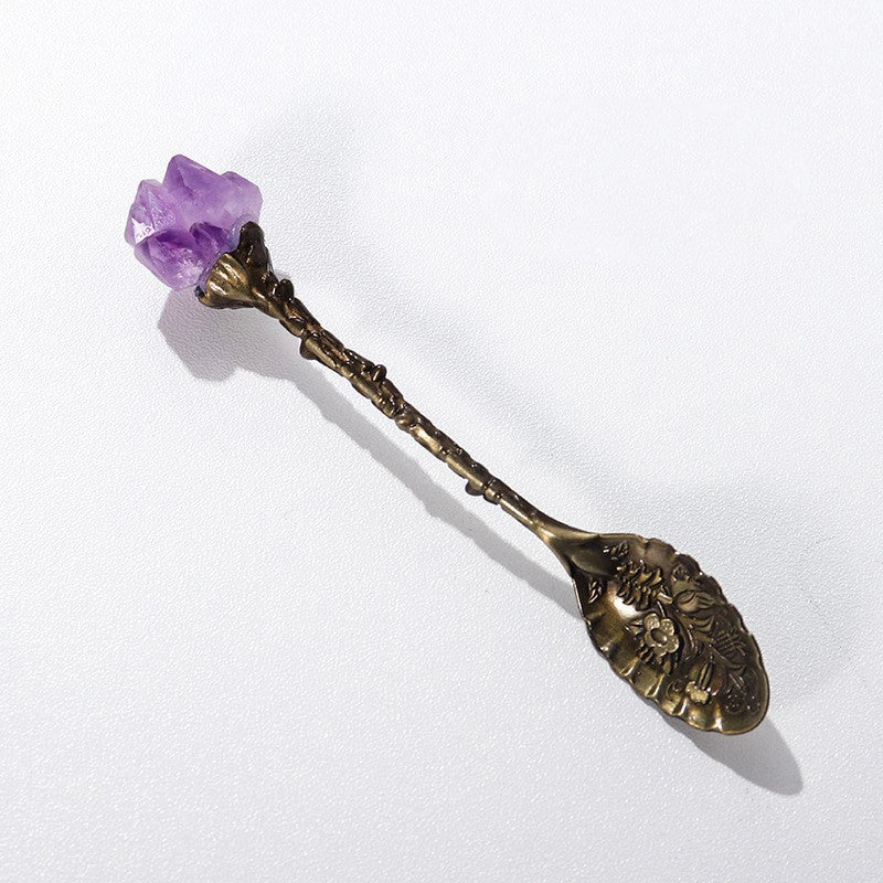 Natural Amethyst Flower Decor Copper Creative Long Handle Spoon