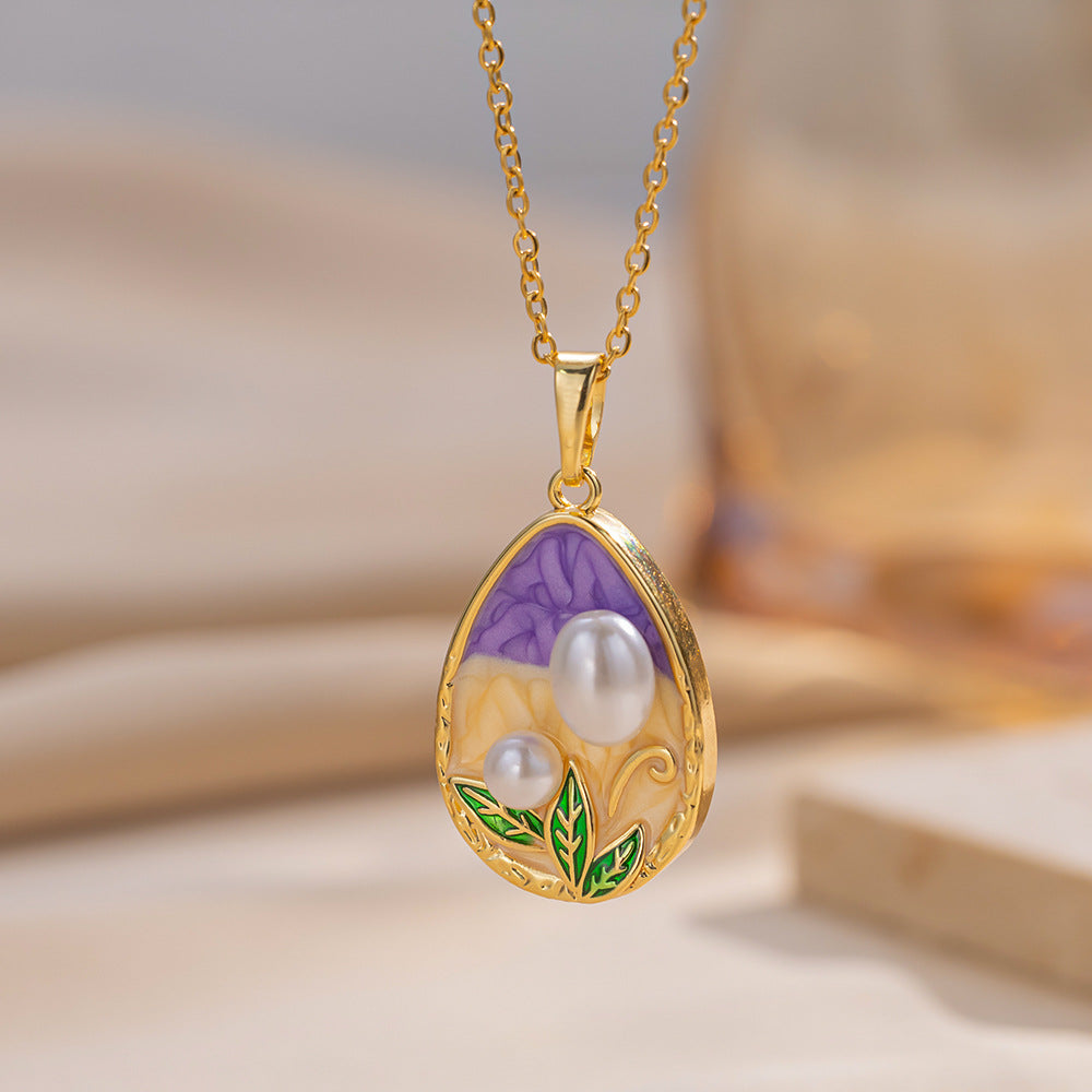 Medieval Monet Garden Necklace Copper Micro-Inlaid Pearl Beads Retro Oil Painting Style Clavicle Chain