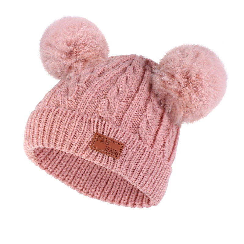 Autumn And Winter Children's Thickened Wool Hat Ear Double Hair Ball Warm Ear Protection Knitted Hat Set With Standard Solid Color Hat