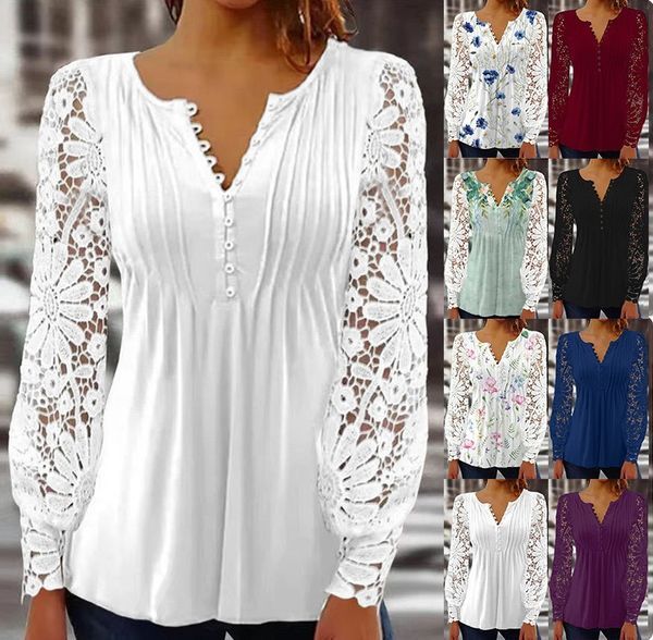 💥Sale 49% discount💕Blouse with floral pattern, long sleeve, V-neckline and lace