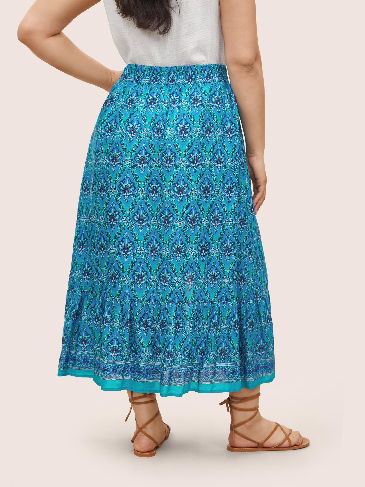 Boho Print Elastic Waist Button Detail Skirt