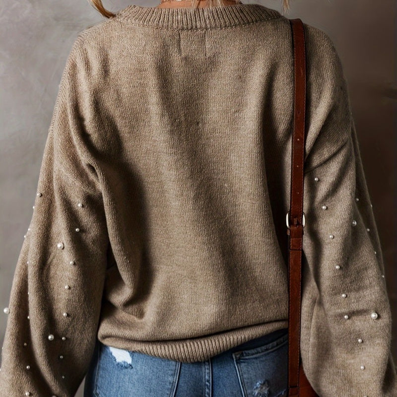 🍃Women's Faux Pearls Round Neck Pullover Sweater