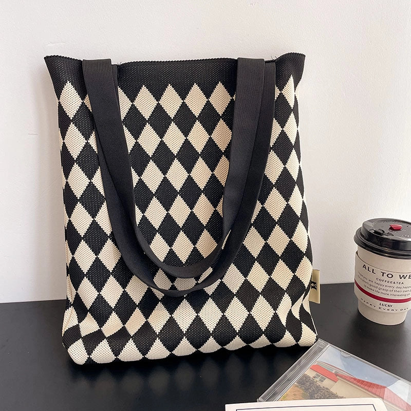 Women's Medium Knit Lingge Vintage Style Open Tote Bag