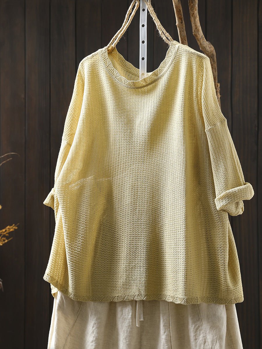 Women Summer Artsy Pure Color Knitted O-Neck Shirt