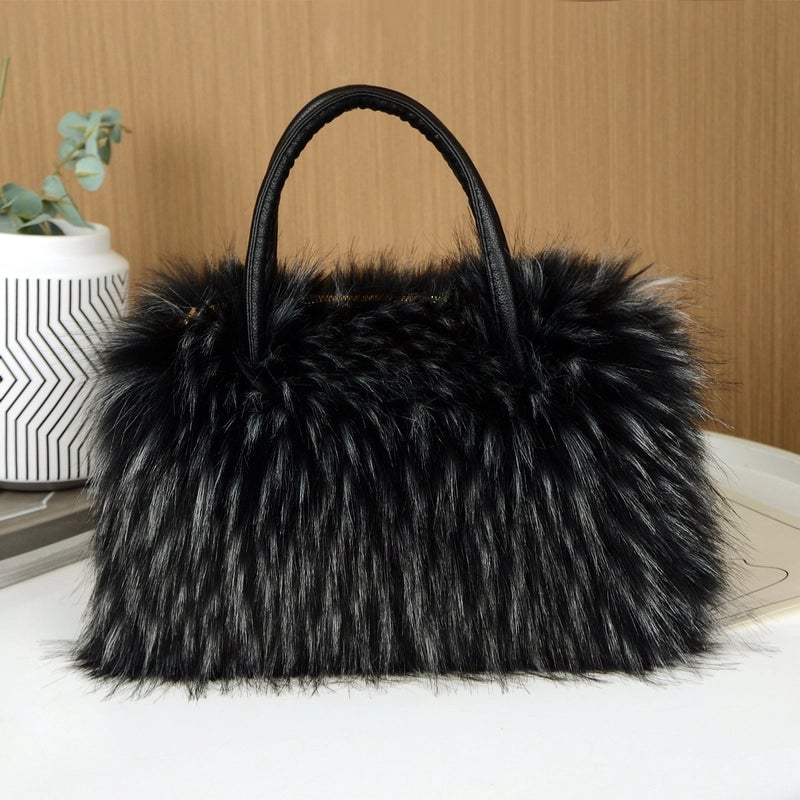Women's Large Imitation Fur Solid Color Basic Classic Style Square Zipper Tote Bag