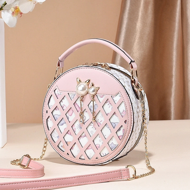 Women's Small All Seasons Pu Leather Color Block Classic Style Round Zipper Shoulder Bag