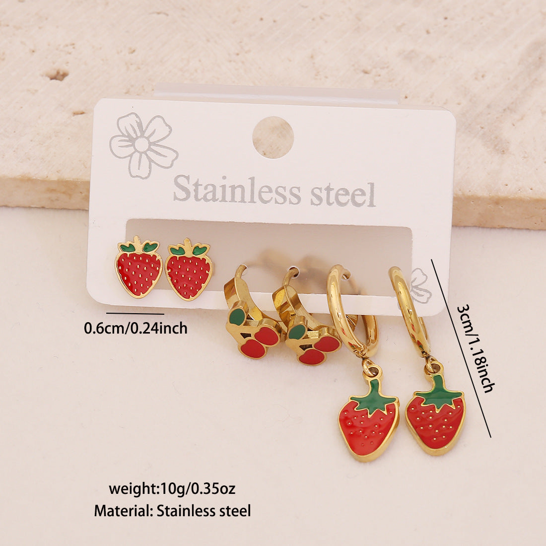 3 Pairs Of Cherry Strawberry Earrings Cute Stainless Steel Earrings For E623