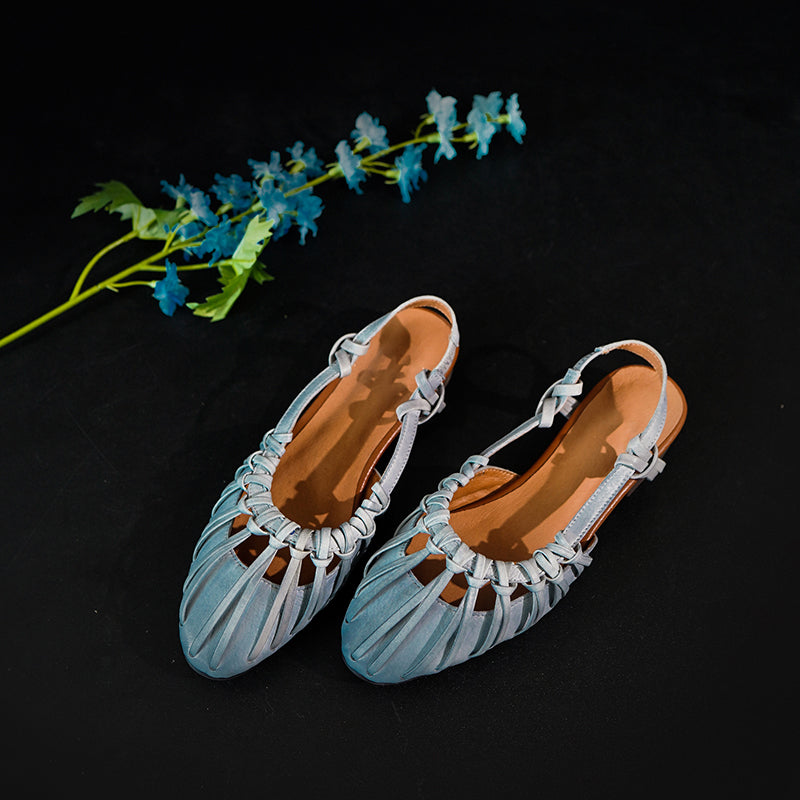 Fashion Closed Toe Slingback Roman Sandals Genuine Leather Cut-Out Woven Summer Flats in Grey/Apricot