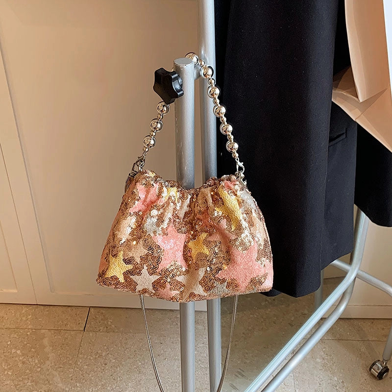 Women's Medium Pu Leather Flower Classic Style Sequins Bucket Magnetic Buckle Crossbody Bag