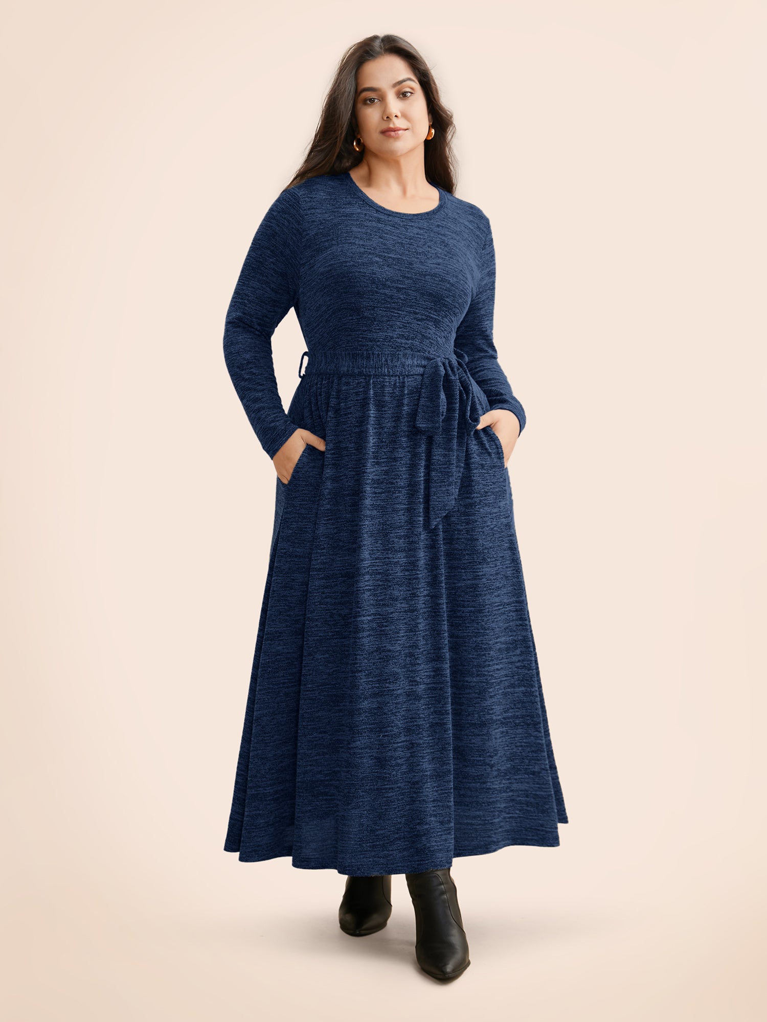 Round Neck Heather Belted Dress