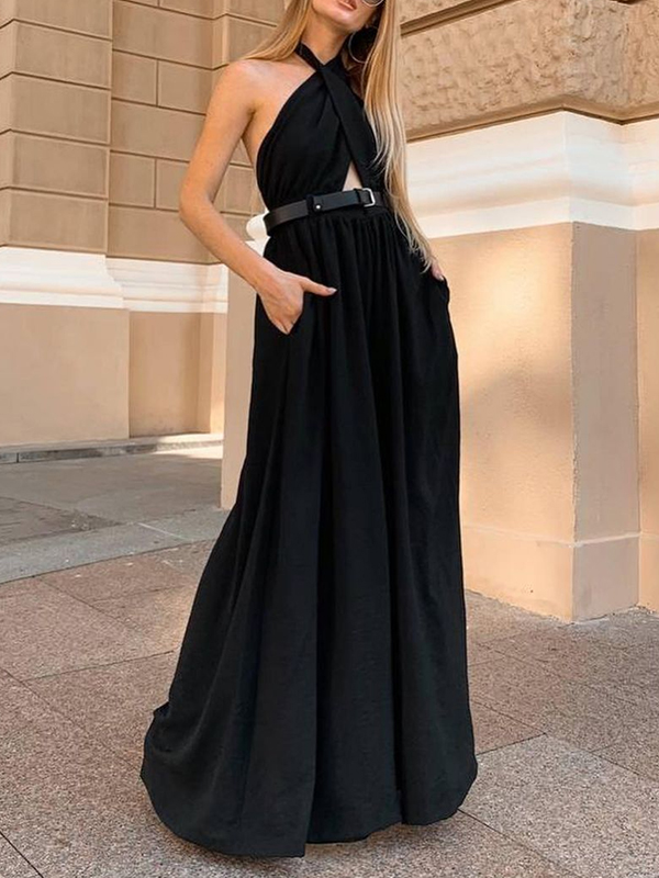 High Waisted Loose Backless Hollow Pleated Solid Color Split-Joint Halter-Neck Jumpsuits