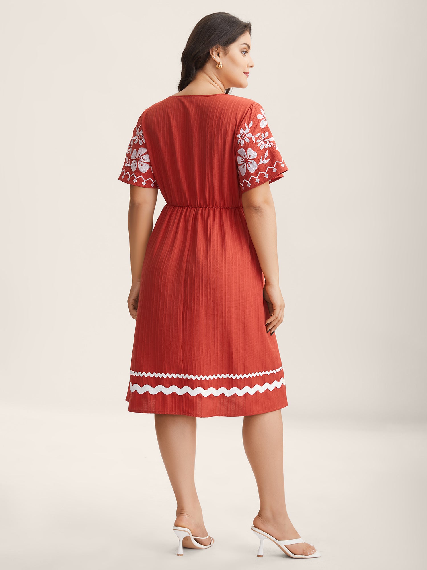 Embroidered Sleeve Cinched-Waist Midi Dress