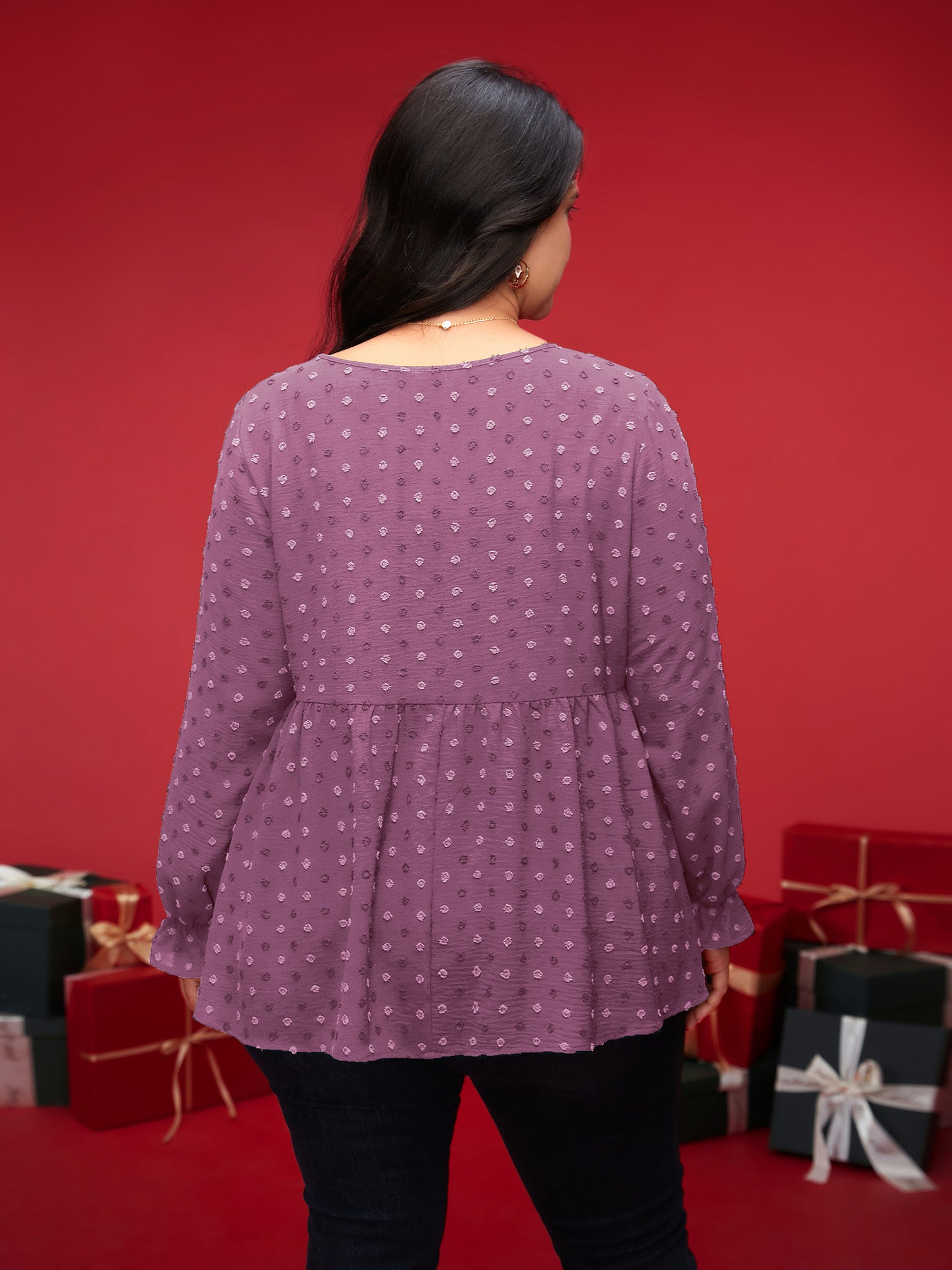 Textured Dot Elastic Cuffs A-line Blouse