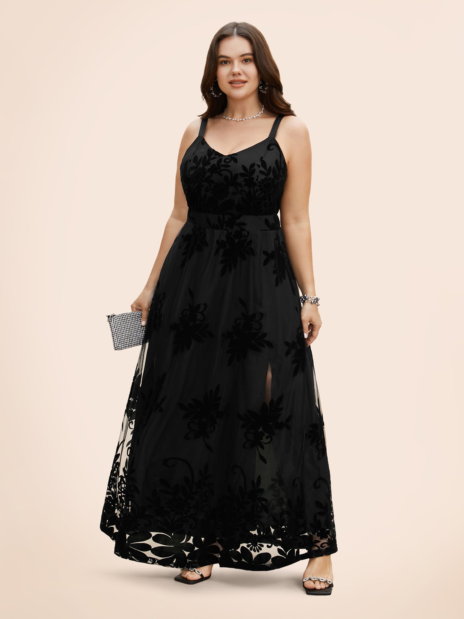 Floral Flocked Tulle Split Hem Dress