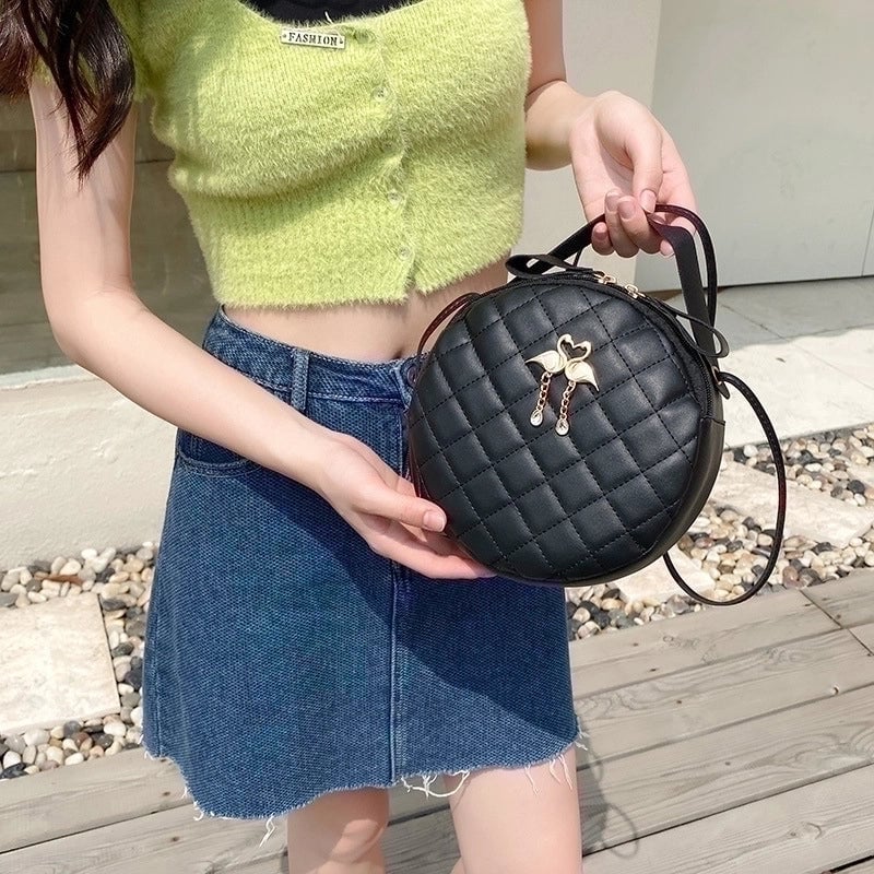 Round Bag Handbag Women's Diamond Pattern Bag Embroidered Small Bag