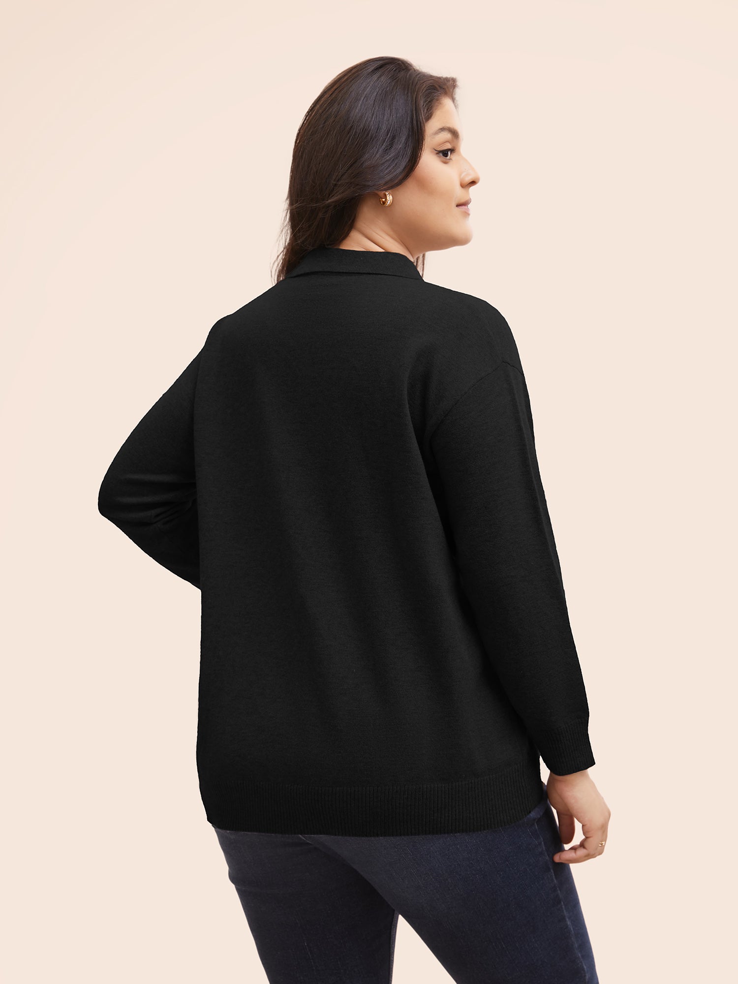 Polo Neck Drop Shoulder Sleeve Soft Pullover