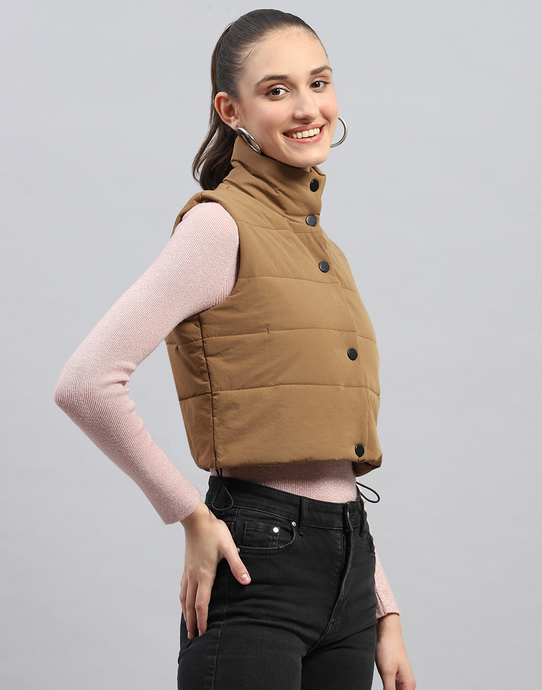 Women Brown Solid Mock Neck Sleeveless Jacket