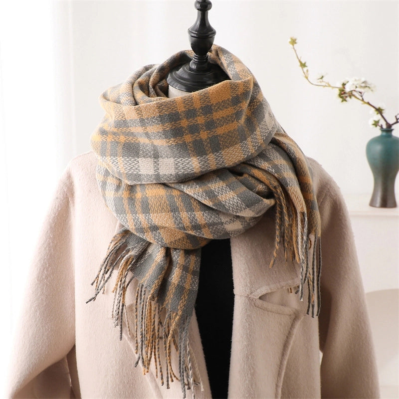 Autumn And Winter Plaid Artificial Cashmere Scarf Stylish Simple And Versatile Warm Scarf Ladies Tassel Shawl