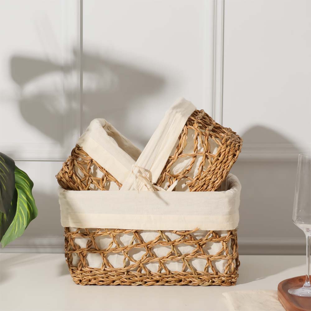 Seagrass Braided Lined Storage Baskets Tall. Set of 3 - Natural