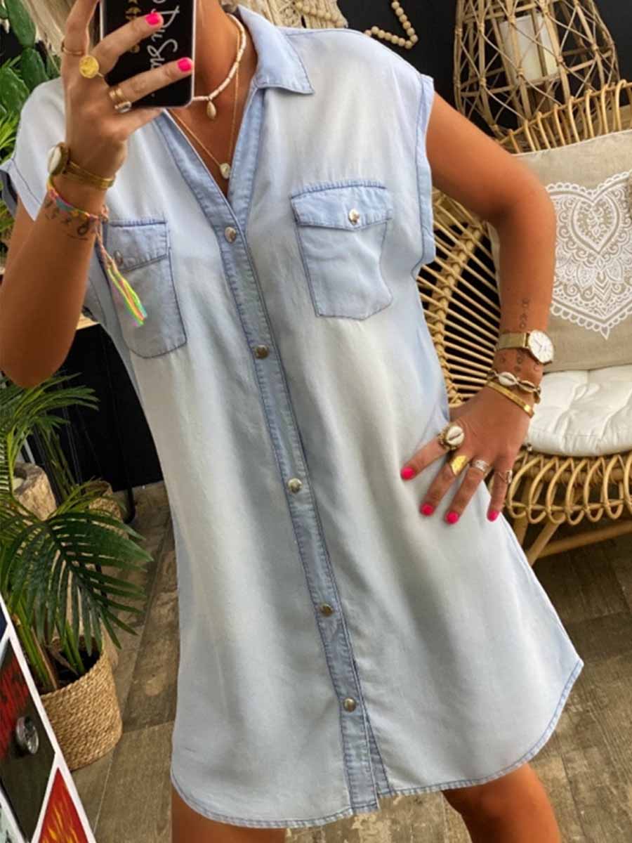 Sleeveless Buttoned Shirt Denim Dress