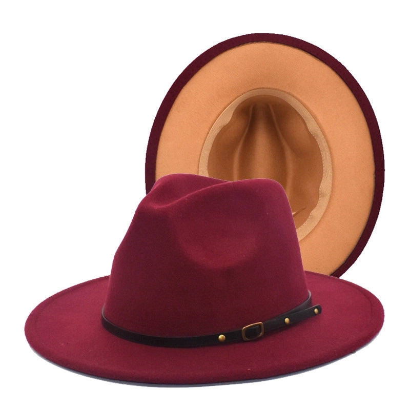 New Women's Woolen Top Hat Fashion Red And Black Color-matching Hat Women's Flat-brimmed Jazz Hat
