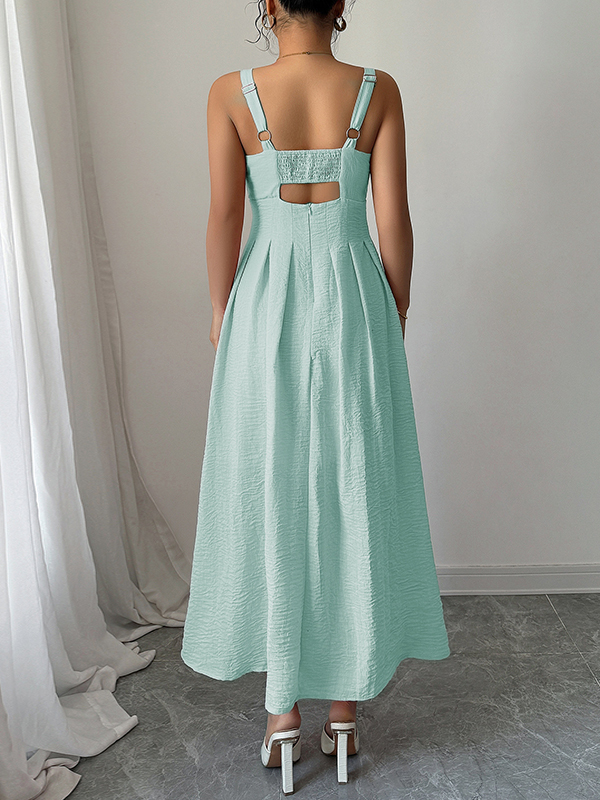 A-line High Waisted Backless Hollow Pleated Solid Color Zipper Spaghetti-Neck Midi Dresses