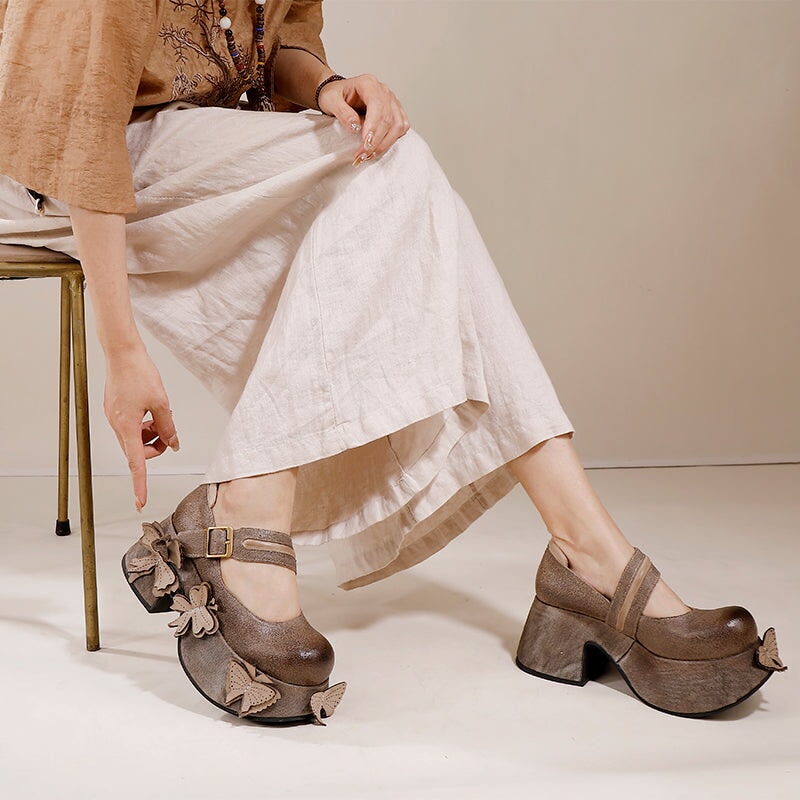 Handmade Retro Leather Mary Jane Shoes For Women 85mm Platform in Coffee/Gray