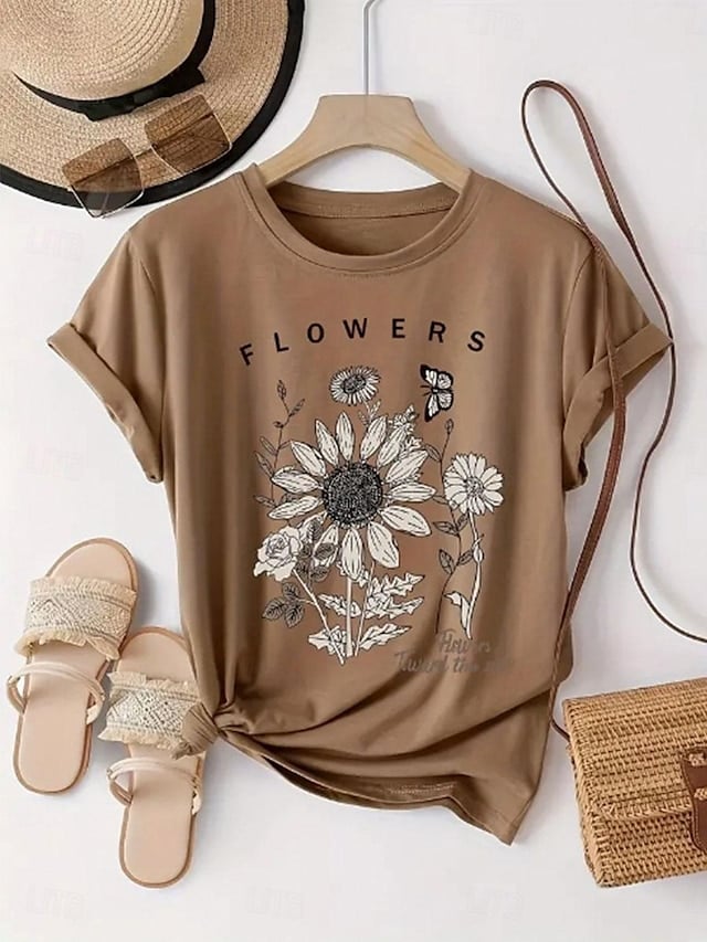 Women's T shirt Tee 100% Cotton Print Daily Weekend Fashion Basic Short Sleeve Crew Neck Pink Summer