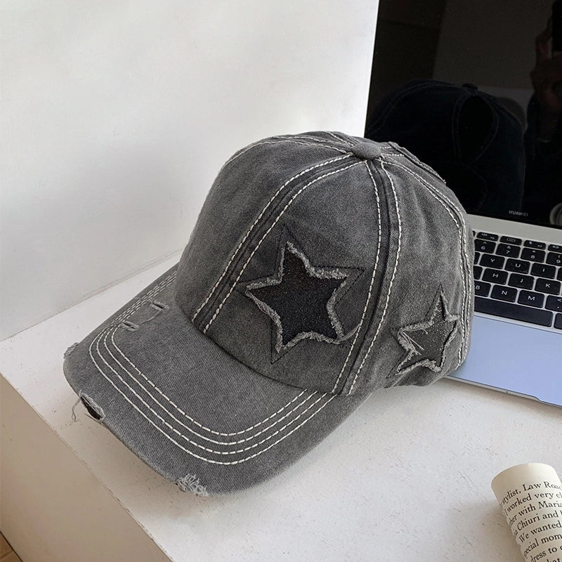 Vintage Ripped Baseball Cap Women's Spring And Summer Korean Style Big Head Face Showing Small Cap Pink Wide Brim Hat Trendy