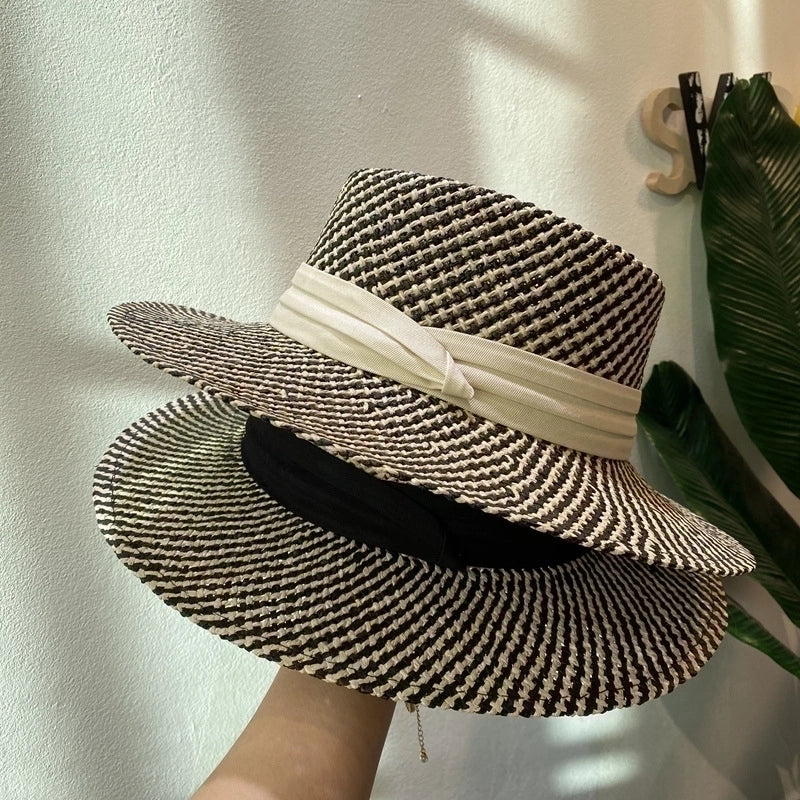 Women's Retro French Style Color Block Straps Wide Eaves Straw Hat
