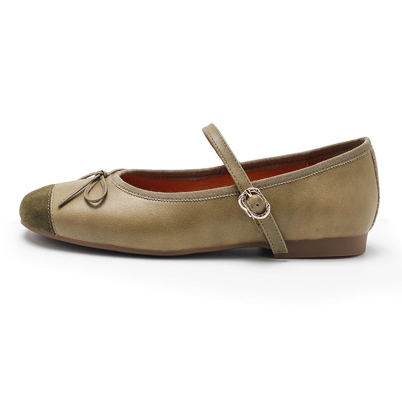 Handmade Sheepskin Women's Michaela Mary Jane Flats in Khaki/Green/Apricot/Black