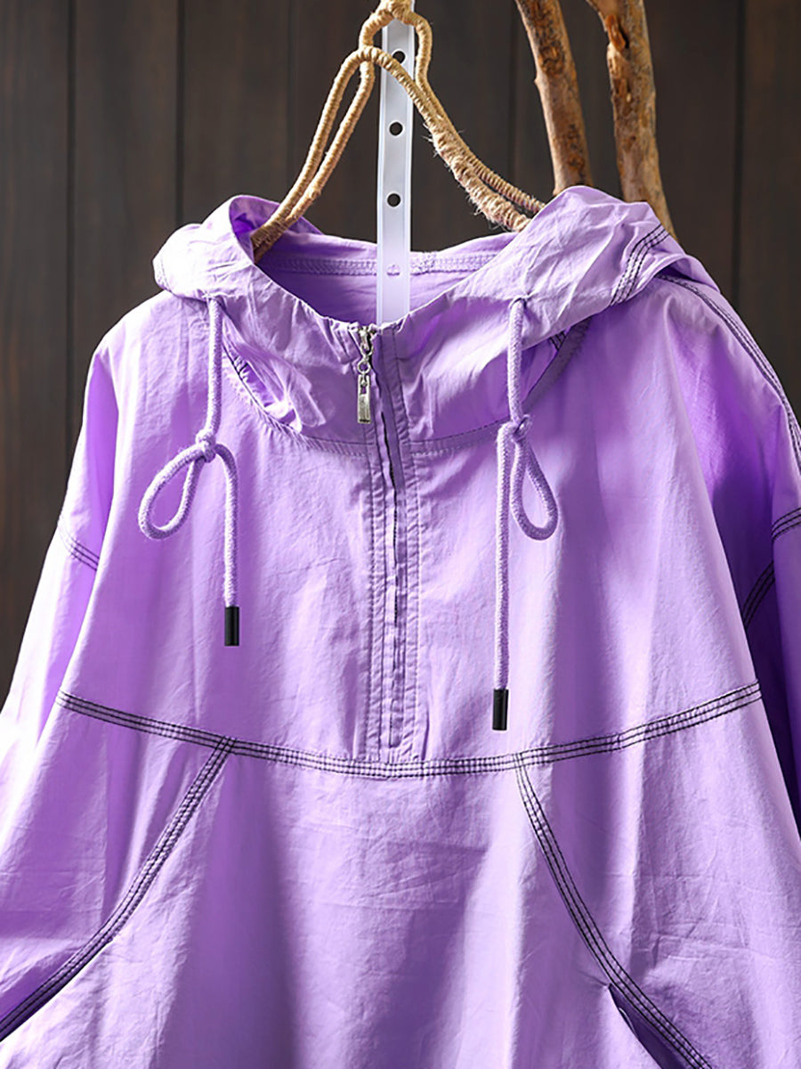 Women Summer Artsy Drawstring Hooded Cotton Shirt