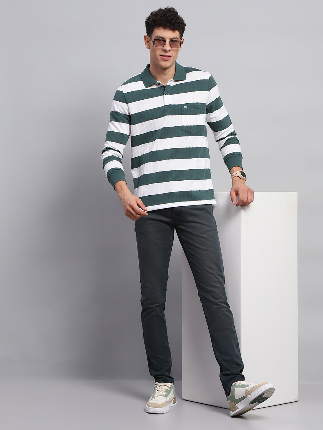 Men Green & White Stripe Collar Full Sleeve Winter T-Shirt