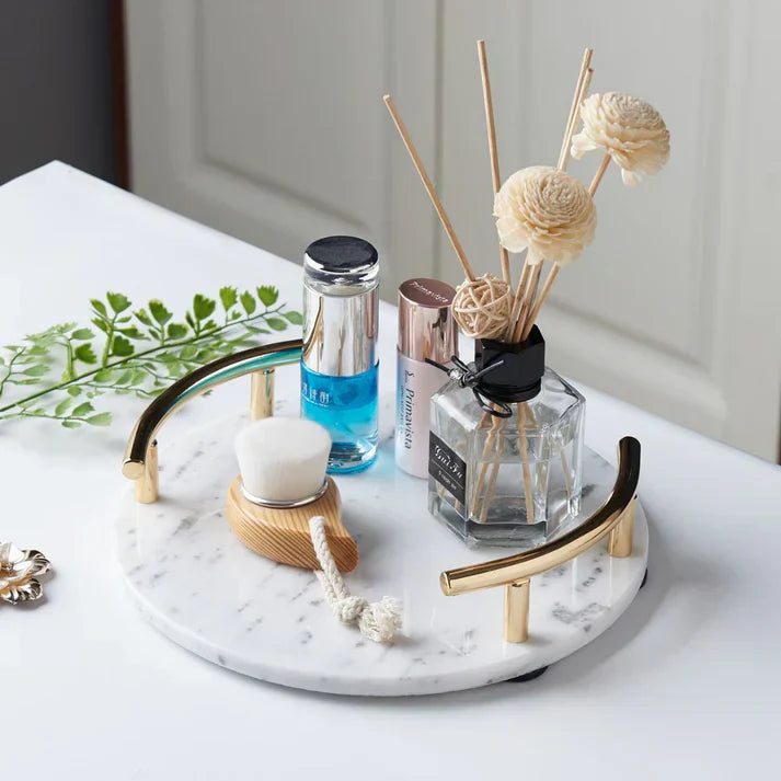 MODERN WHITE MARBLE TRAY WITH GOLD HANDLE