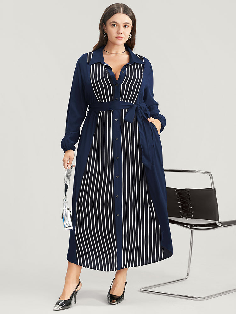 Striped Contrast Pocket Button Detail Belted Dress