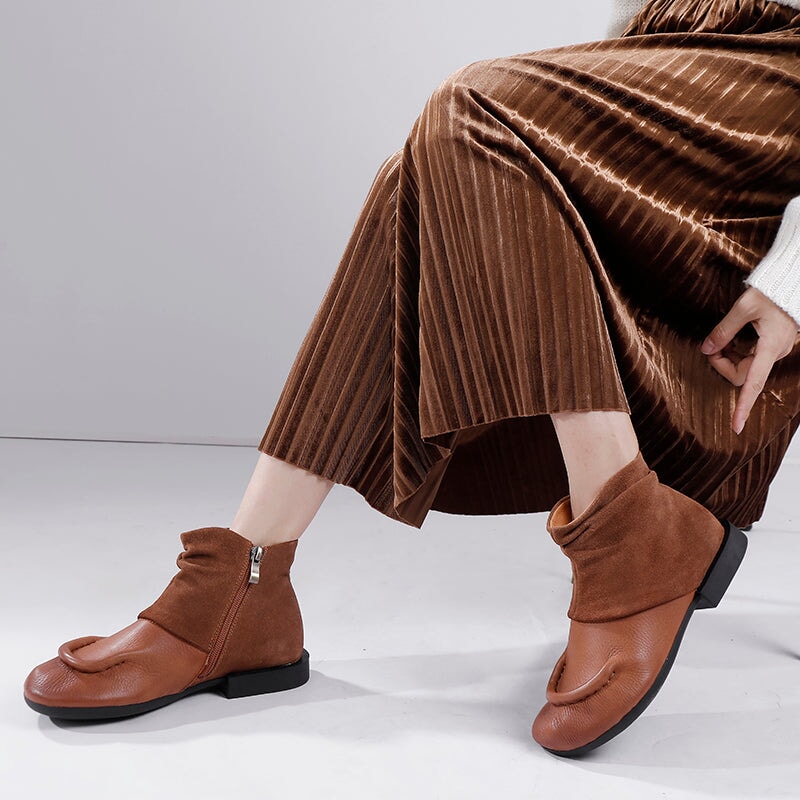 Handmade Soft Leather Ankle Boots For Women Splicing Design in Coffee/Black