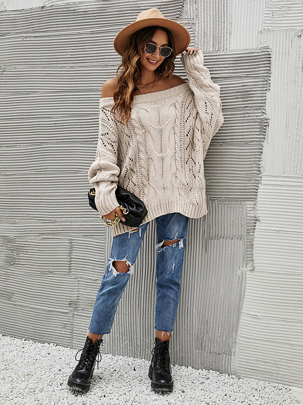 Vintage Long Sleeves Loose Solid Color Off-The-Shoulder Sweater Tops