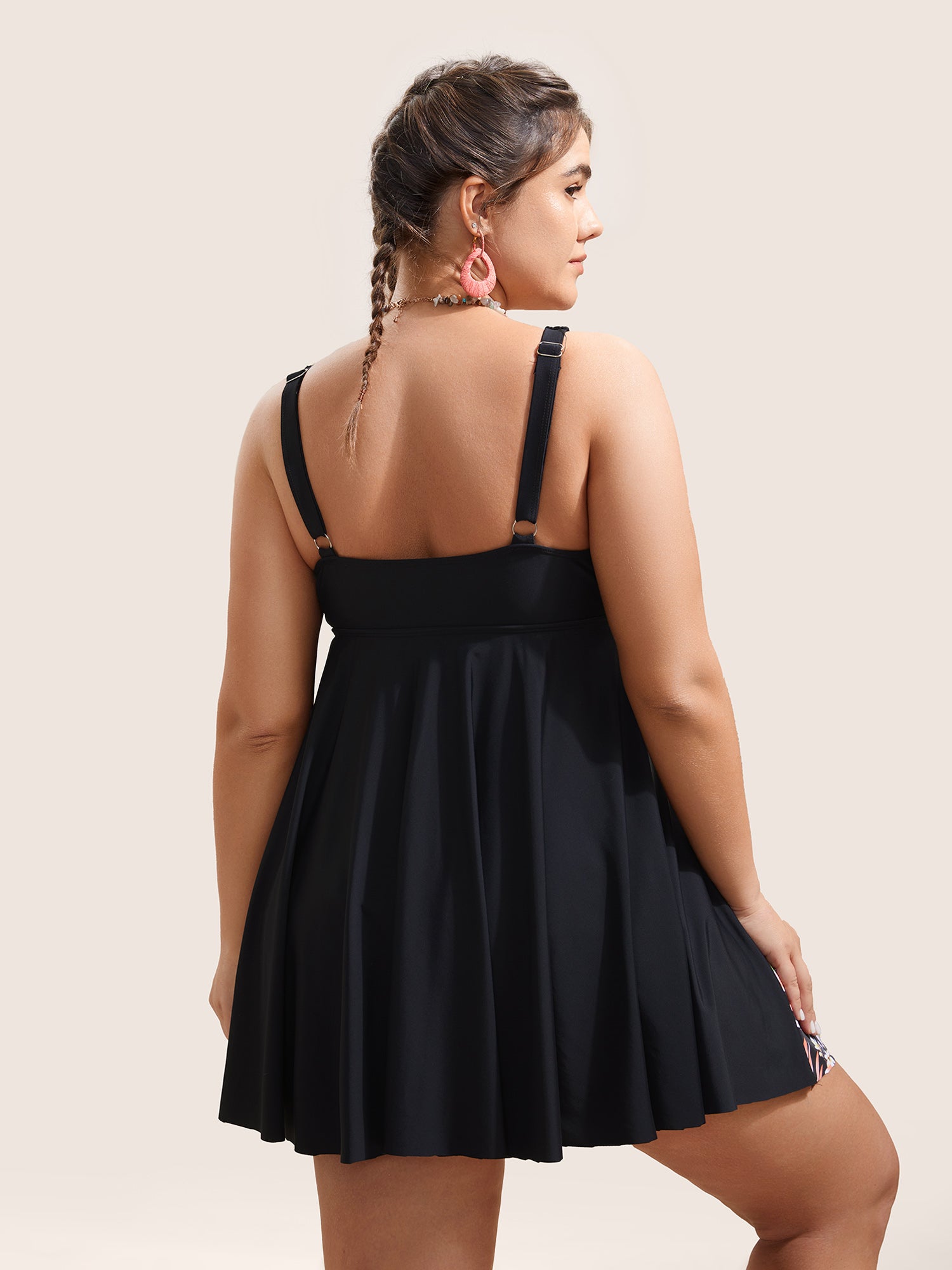 Tropical Print Patchwork Drawstring Swim Dress