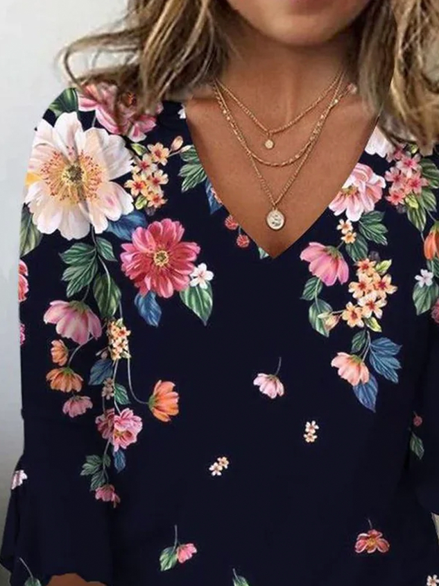 Loose Floral Casual V Neck T-Shirt