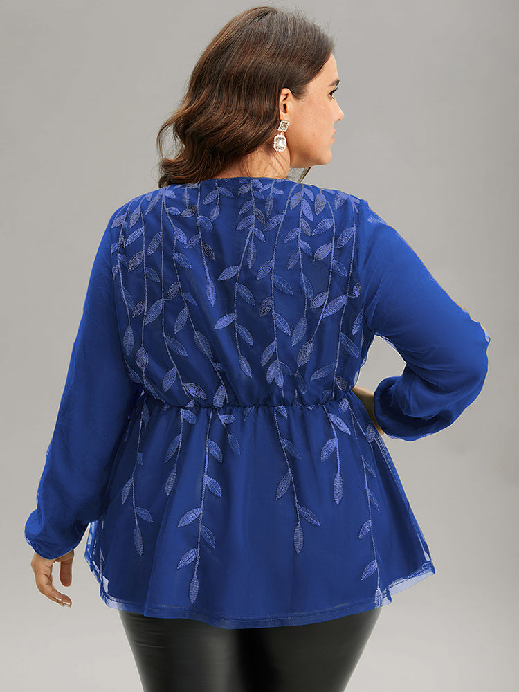 Leaves Embroidered Sequin Tiered Mesh Blouse