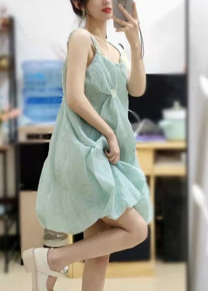 Elegant Green Square Collar Original Design Cotton Spaghetti Strap Dress Sleeveless