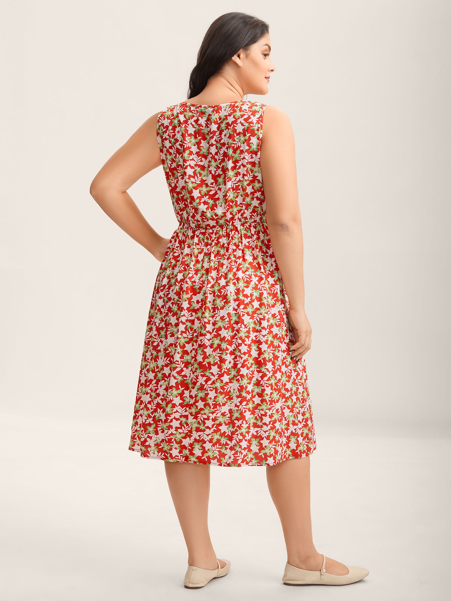 Floral Print Sleeveless Pockets Midi Dress