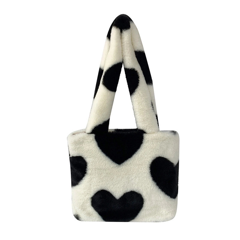 Women's Medium Cotton Plush Cartoon Heart Shape Leopard Cute Square String Shoulder Bag