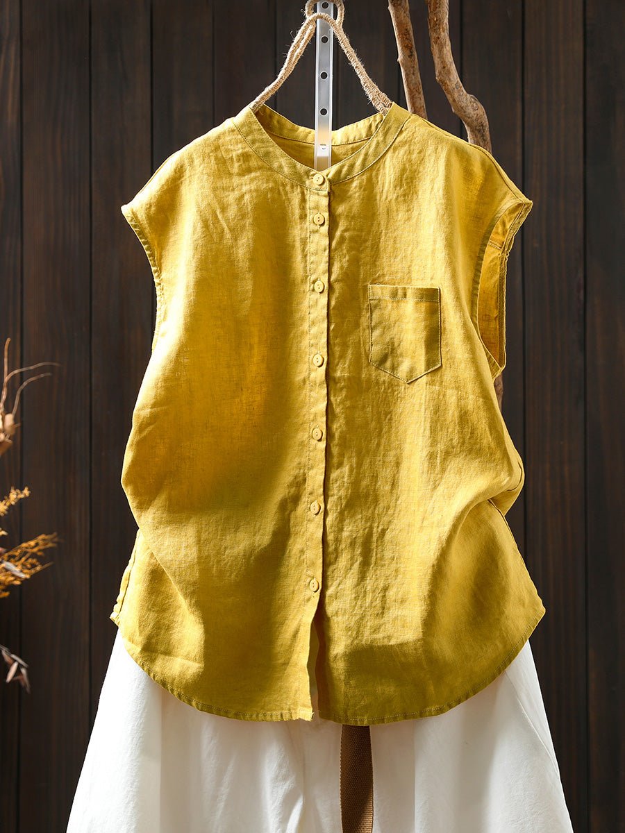 Women Summer Casual Pure Color Stand Collar 100%Linen Shirt