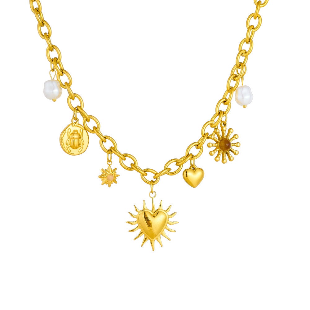 Fashion Retro Gold-Plated Thick Chain Sun Love Heart Pearl Insect Round Plate Stainless Steel Pendant Necklace