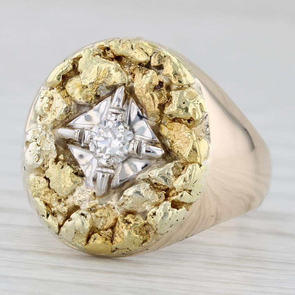 Vintage 0.22ct Diamond Solitaire Gold Nugget Ring 10k 18k Yellow Gold Size 9.25