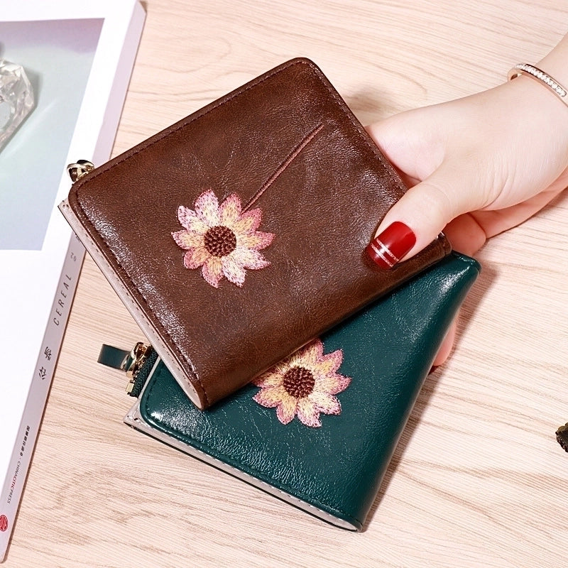 Women's Solid Color Flower Pu Leather Zipper Buckle Wallets