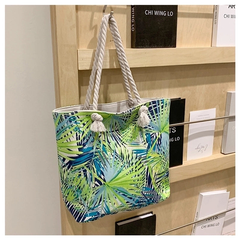 Women's Medium Canvas Leaves Butterfly Beach Square Zipper Beach Bag