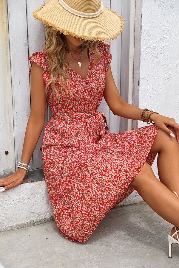 Fashion Ruffle Sleeve Flower Print Casual Dress